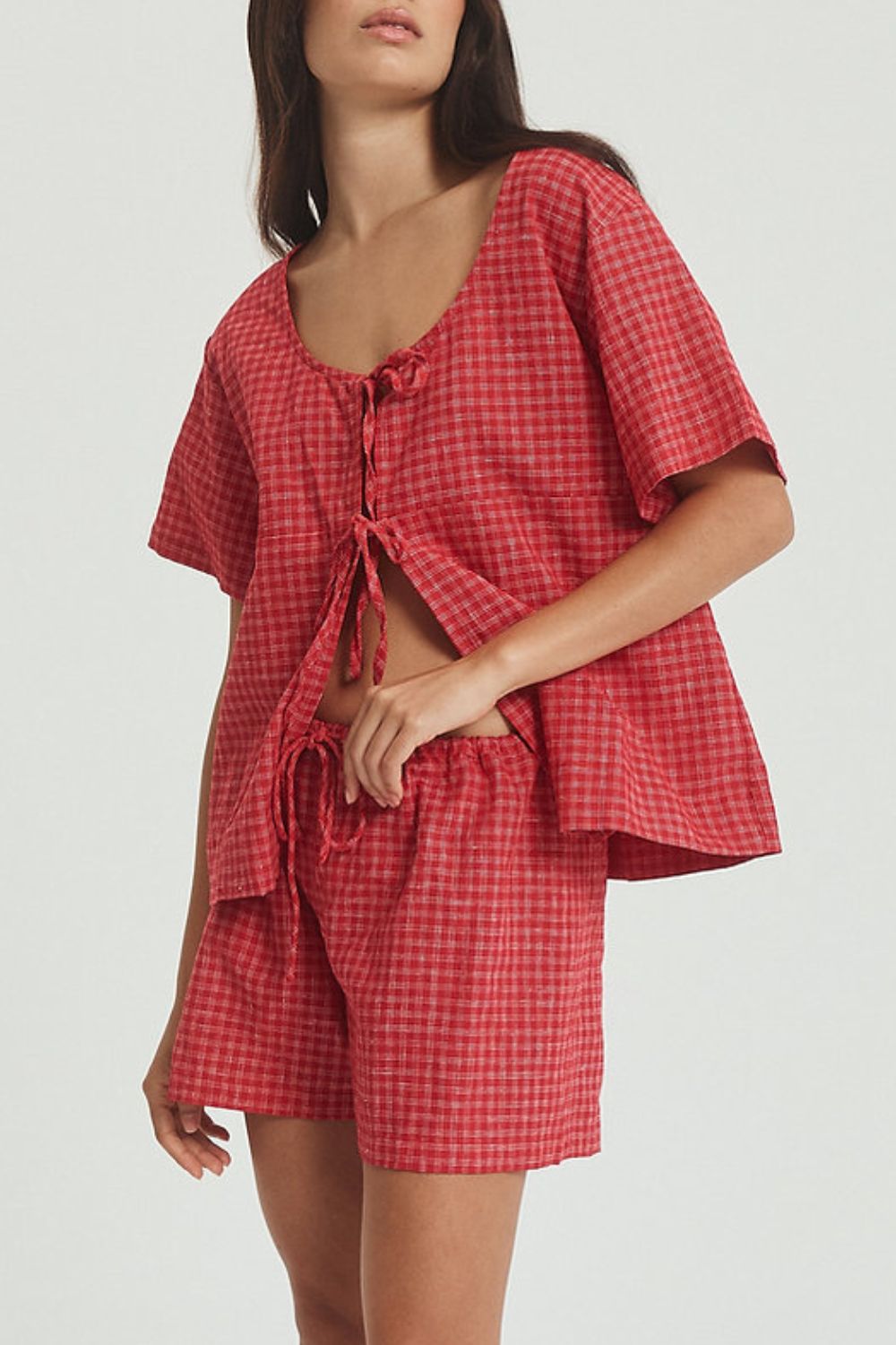 Plaid Tie Front Short Sleeve Top and Drawstring Shorts Set