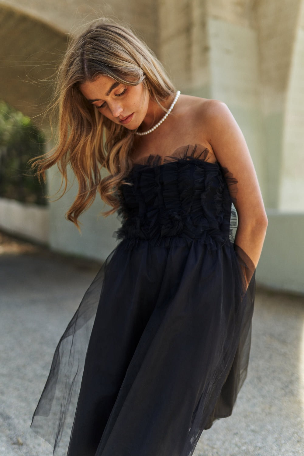 Mesh Ruffle Tube Top Swing Black Party Dress