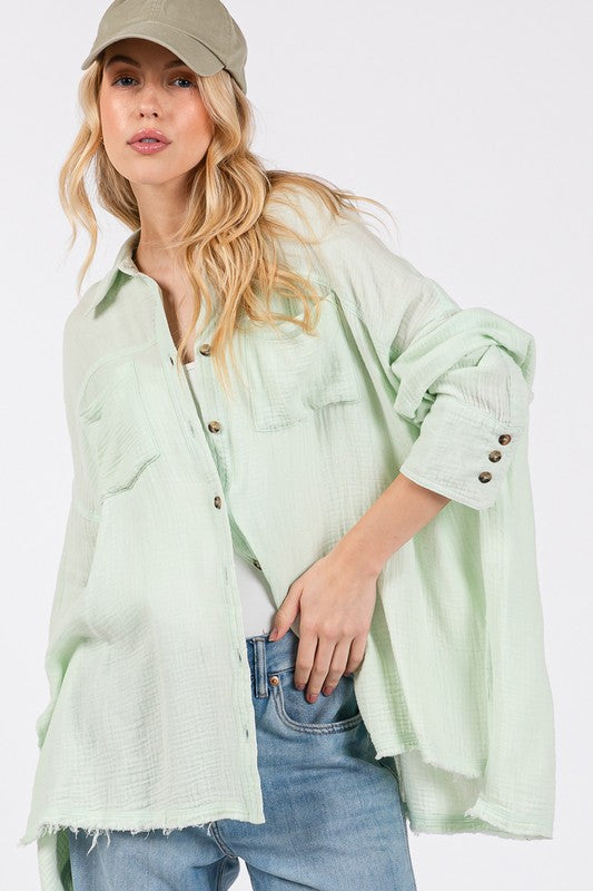 Beachy Frayed Hem Side Slit Button Down Boho Shirt