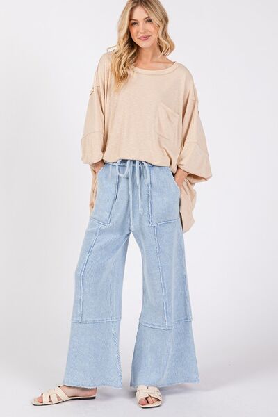 Boho Beachy Waffle Textured Wide Leg Mineral Washed Pants