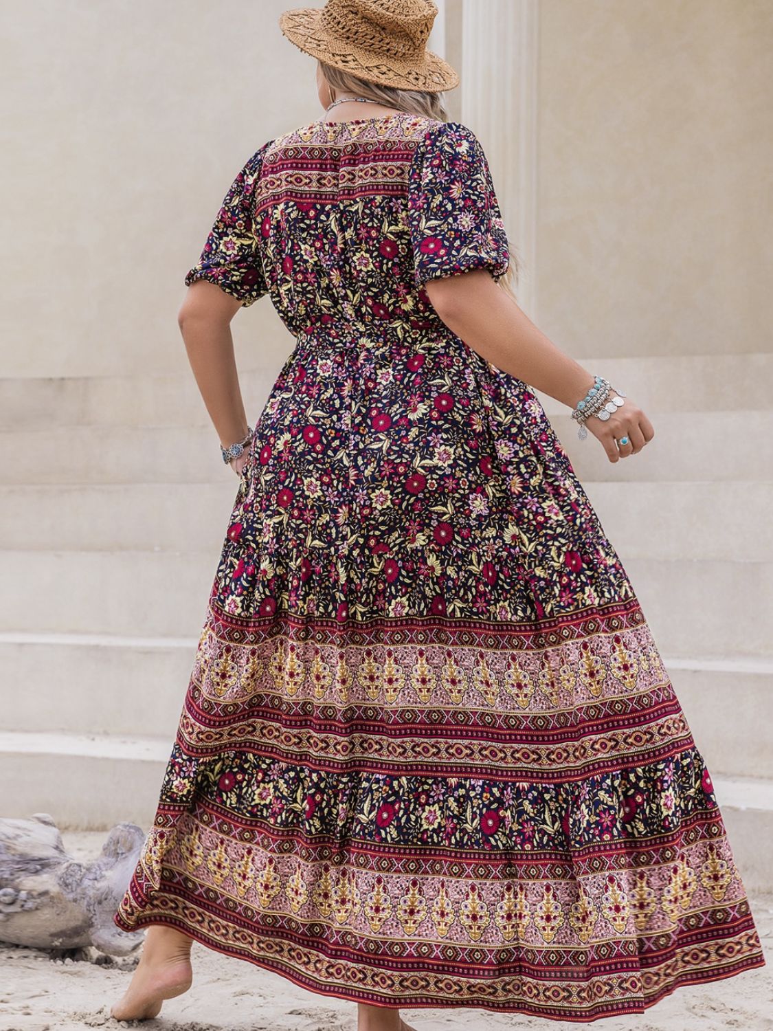 Plus Size Boho Floral Short Sleeve Maxi Dress