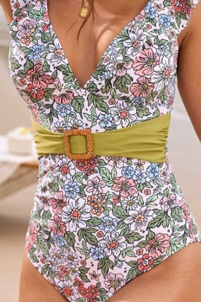 Ruffled Plunge Floral One-Piece Swimwear