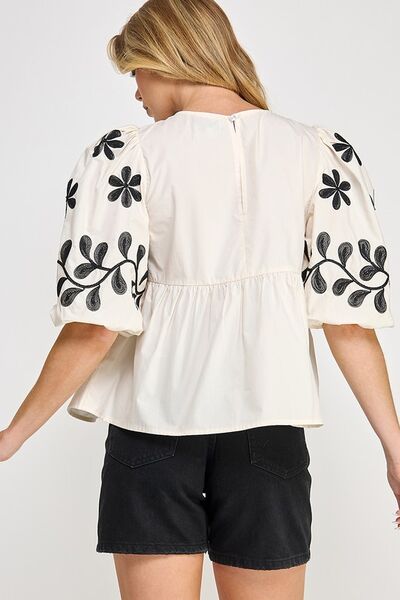 Puff-Sleeve Embroidered Peplum Blouse