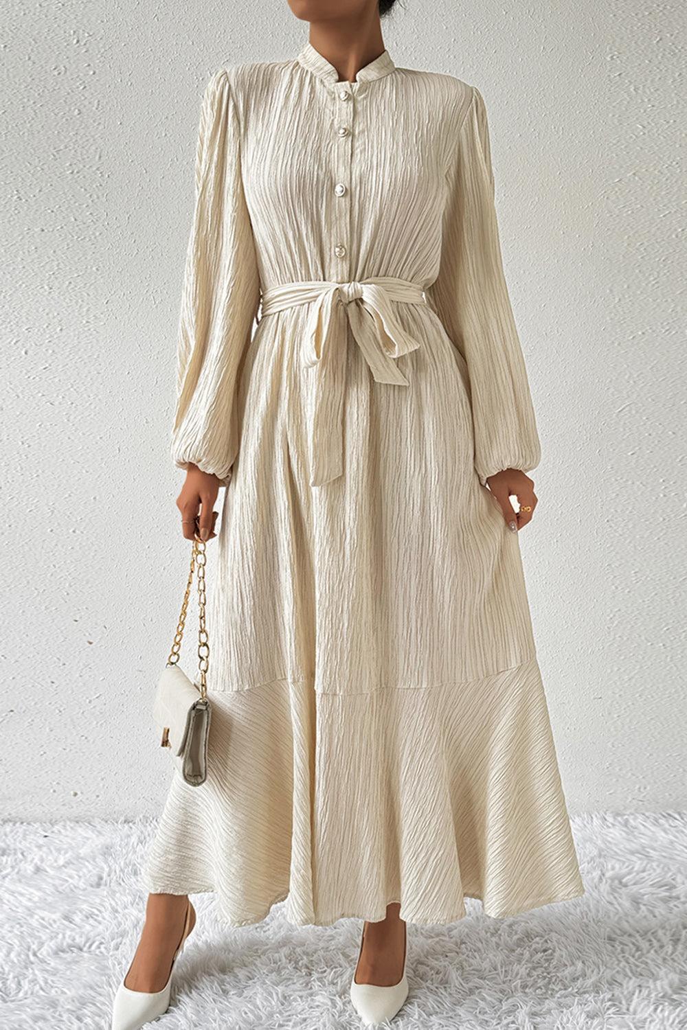 Beige Tied Button Up Balloon Sleeve Resort Maxi Dress