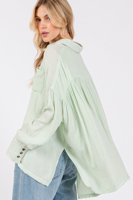 Beachy Frayed Hem Side Slit Button Down Boho Shirt