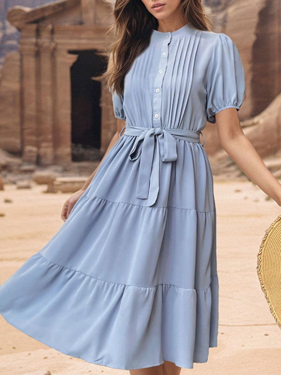 Tie Waist Puff Sleeve Summer Midi Dress