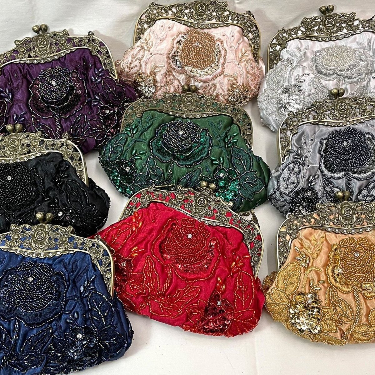 Embroidered Rose with Sequins Beads Evening Clutch Bag (MAC291)