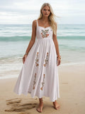 Floral Embroidered White Sleeveless Beach Maxi Dress