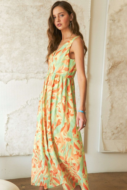 Abstract Floral V-Neck Summer Maxi Dress