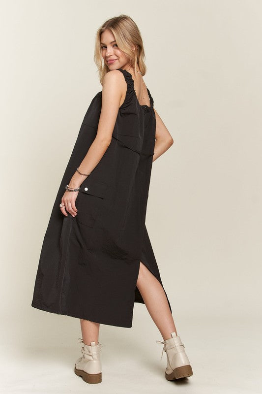 Drawstring Slit Back Cargo Midi Dress