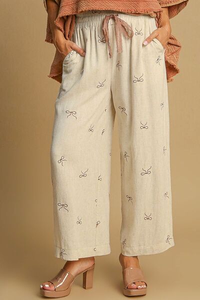 Full Size Lace Embroidered Bow Wide Leg Resort Pants