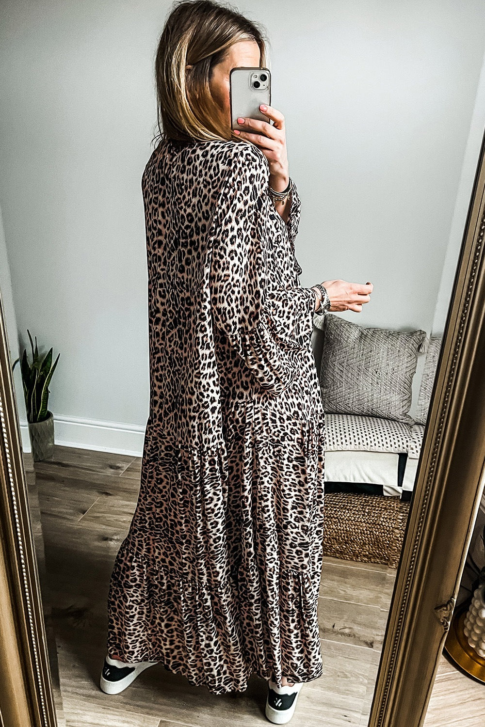 Leopard Notched Long Sleeve Maxi Resort Dress