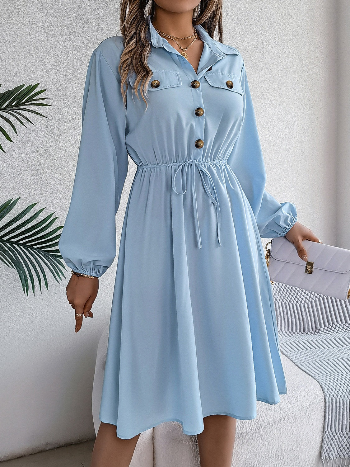 Collared Neck Long Sleeve Midi Dress with Pockets