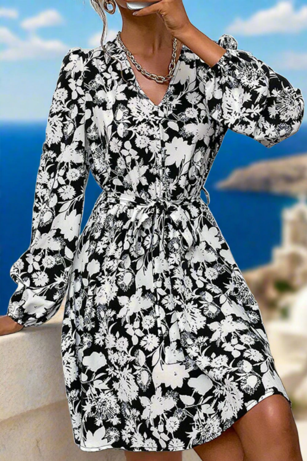 Floral Belted V-Neck Puff Sleeve Mini Resort Dress