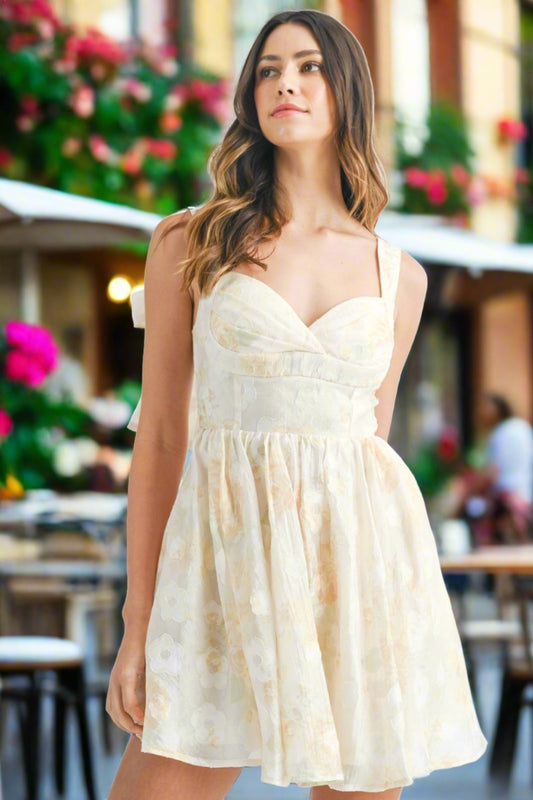 Floral Corset Summer Mini Dress with Shoulder Bows