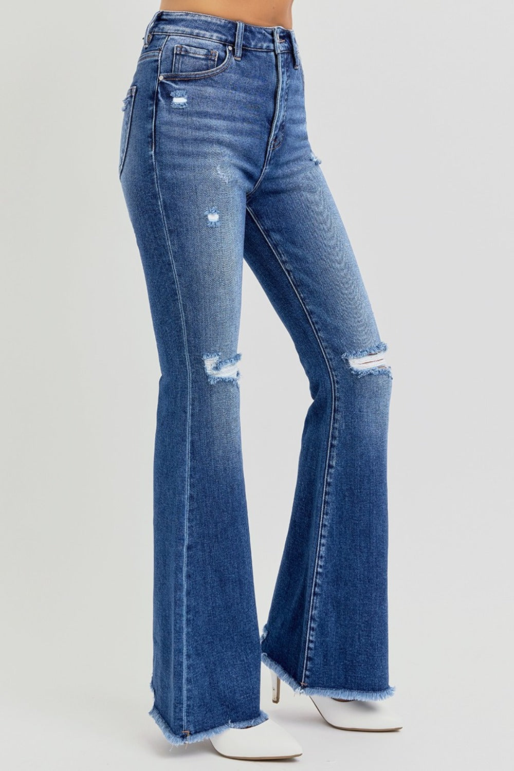 Full Size High Rise Distressed Raw Hem Flare Jeans