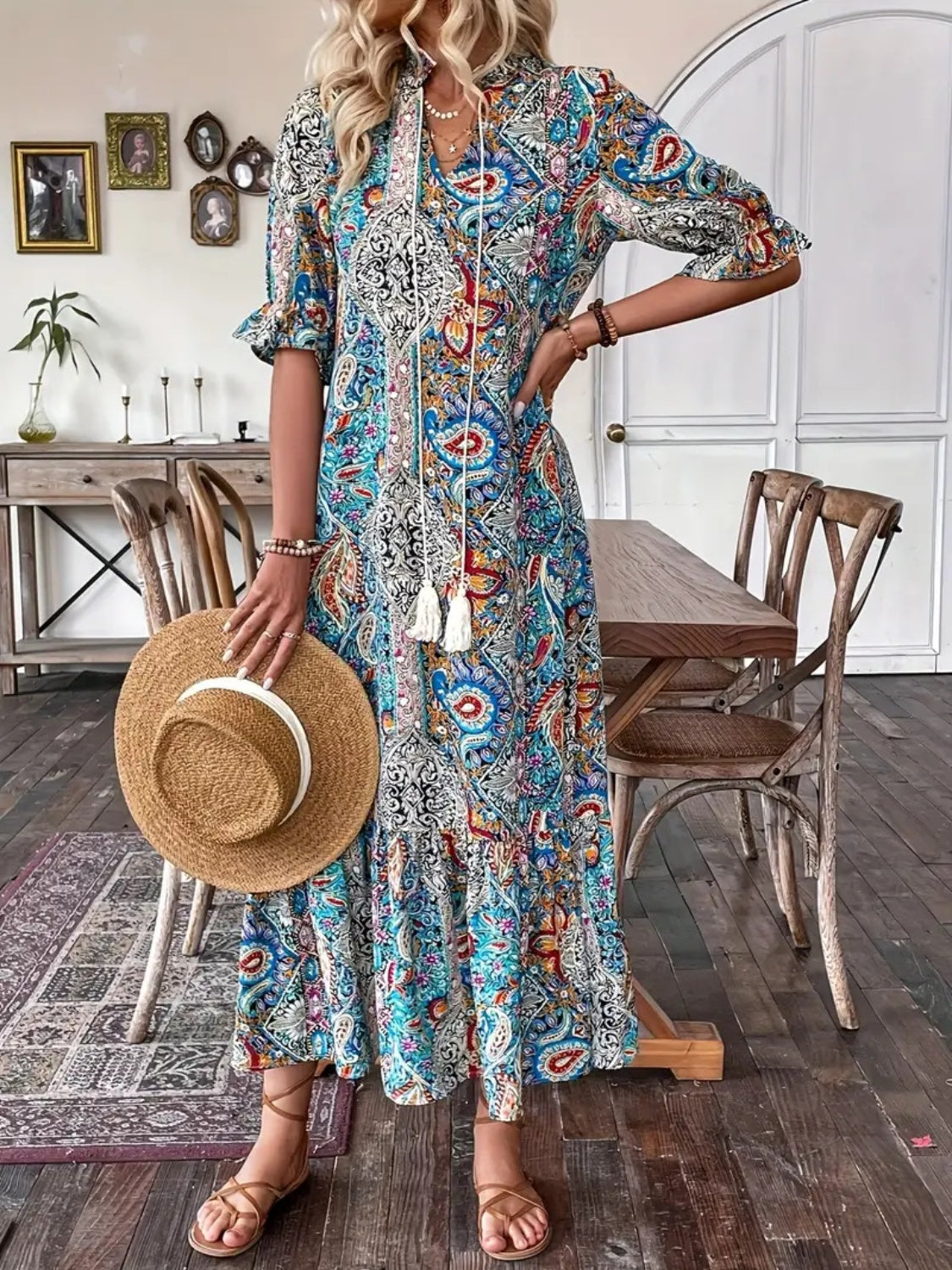 Boho Flounce Sleeve Midi Dress