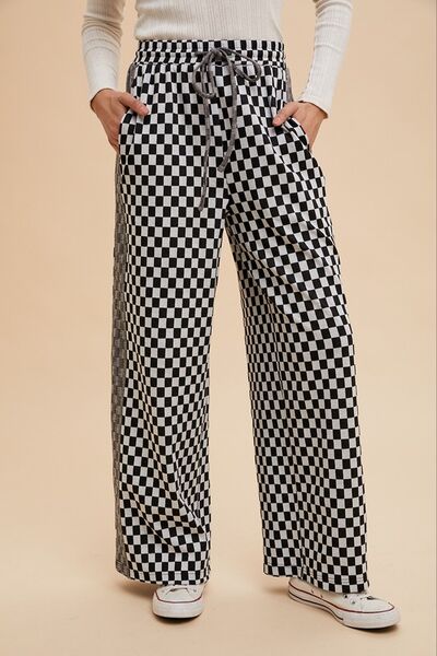 Drawstring Checkered Wide Leg Resort Pants