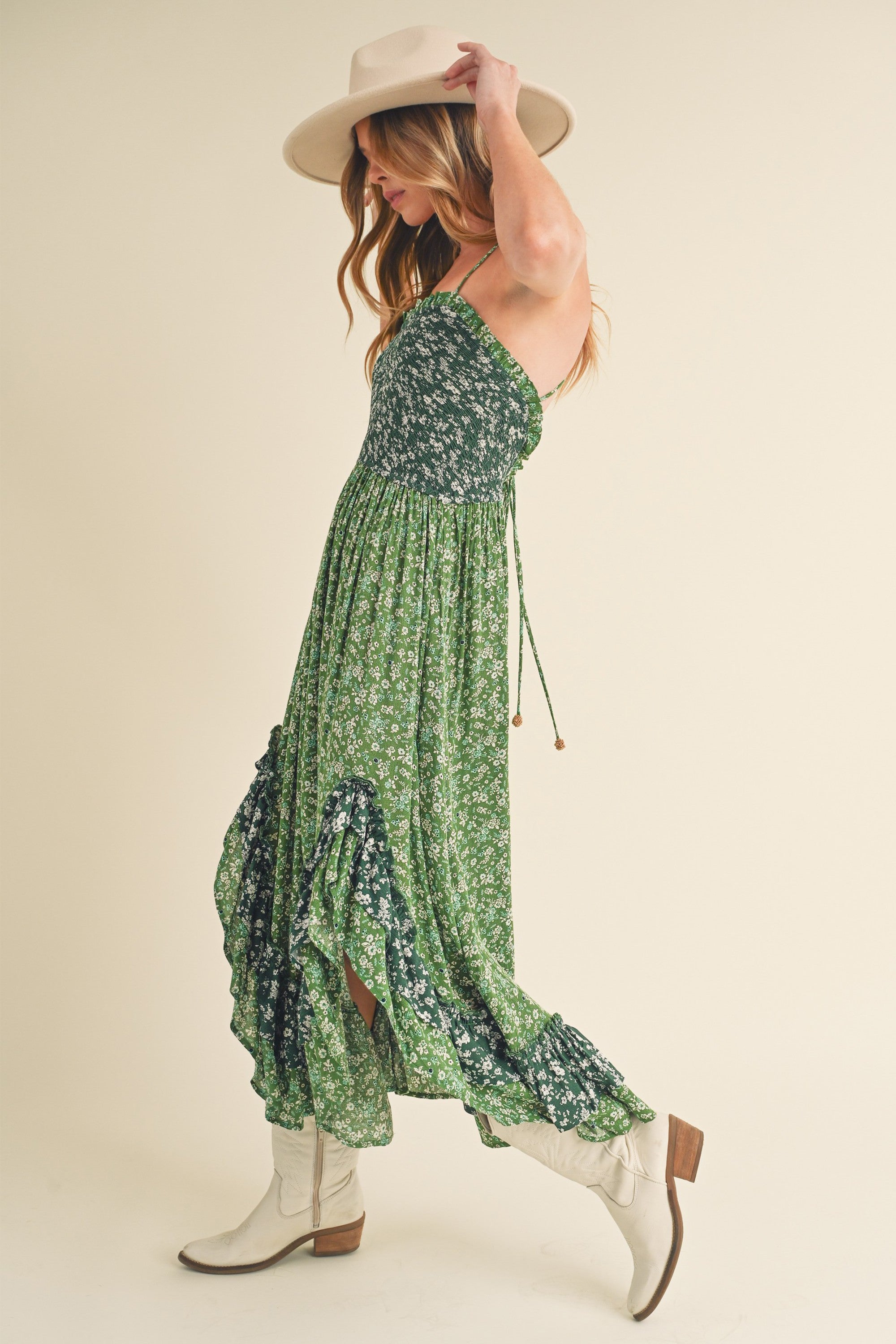 Summer Green Floral Ruffled Hem Maxi Cami Dress