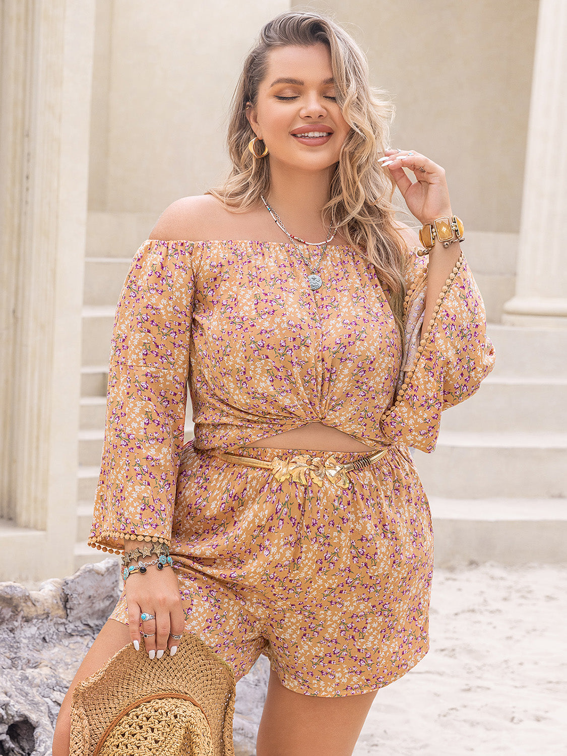 Plus Size Off-Shoulder Summer Top and Shorts Set