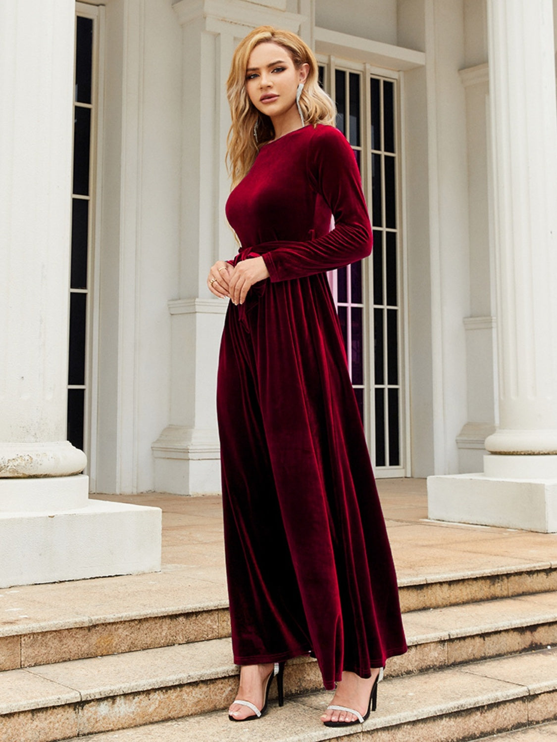 Tie Front Round Neck Long Sleeve Evening Gown