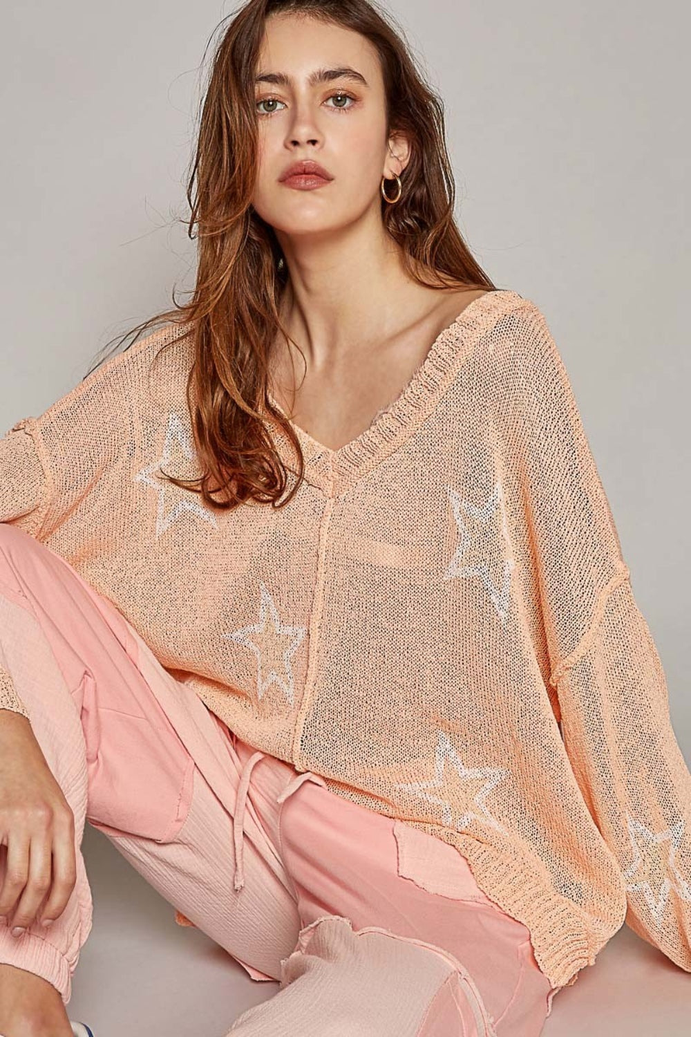 Beachy Boho Baggy Long Sleeve Star Print Knit Top