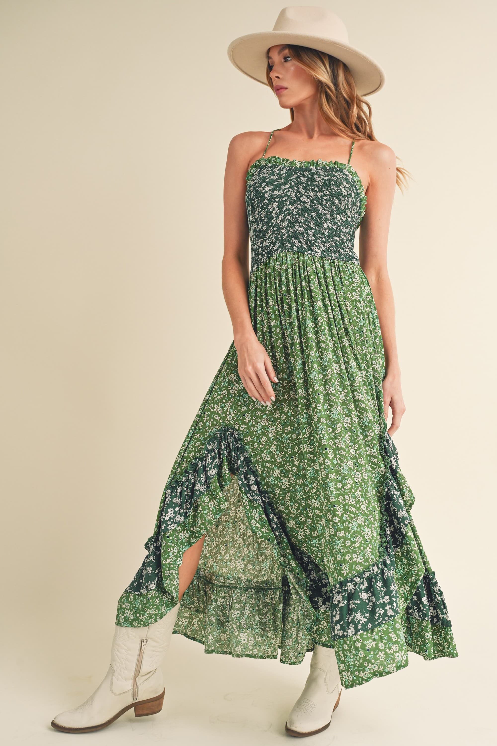 Summer Green Floral Ruffled Hem Maxi Cami Dress