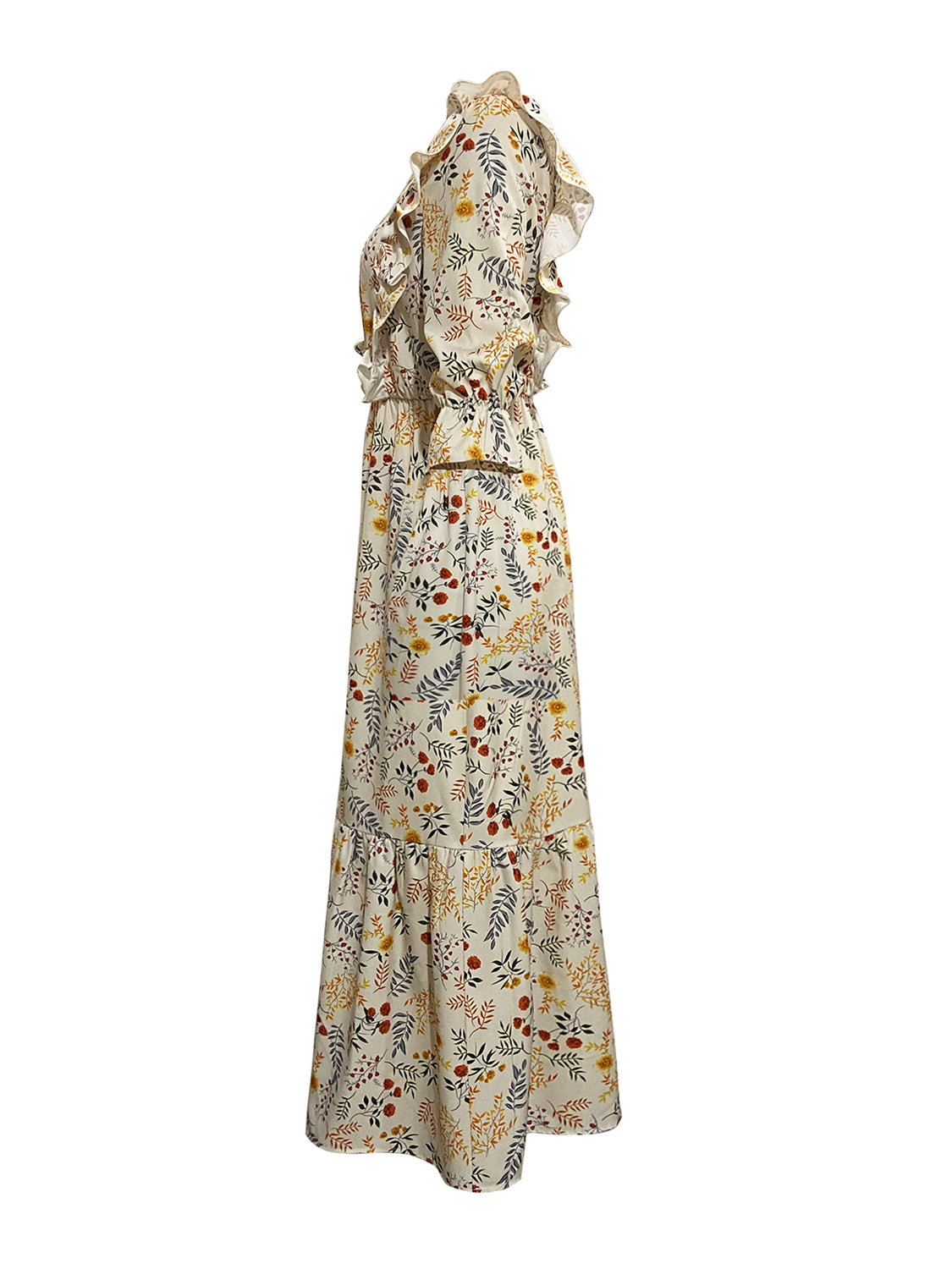 Floral Cutout Flounce Sleeve Maxi Resort Dress