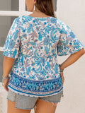 Plus Size Printed V-Neck Half Sleeve Summer Blouse