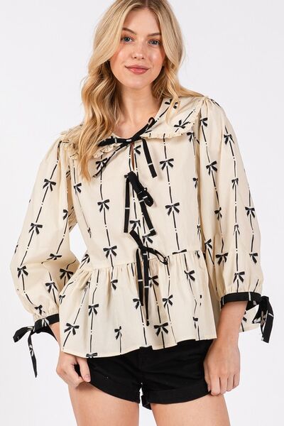 Bow Print Tie Front Babydoll Resort Blouse