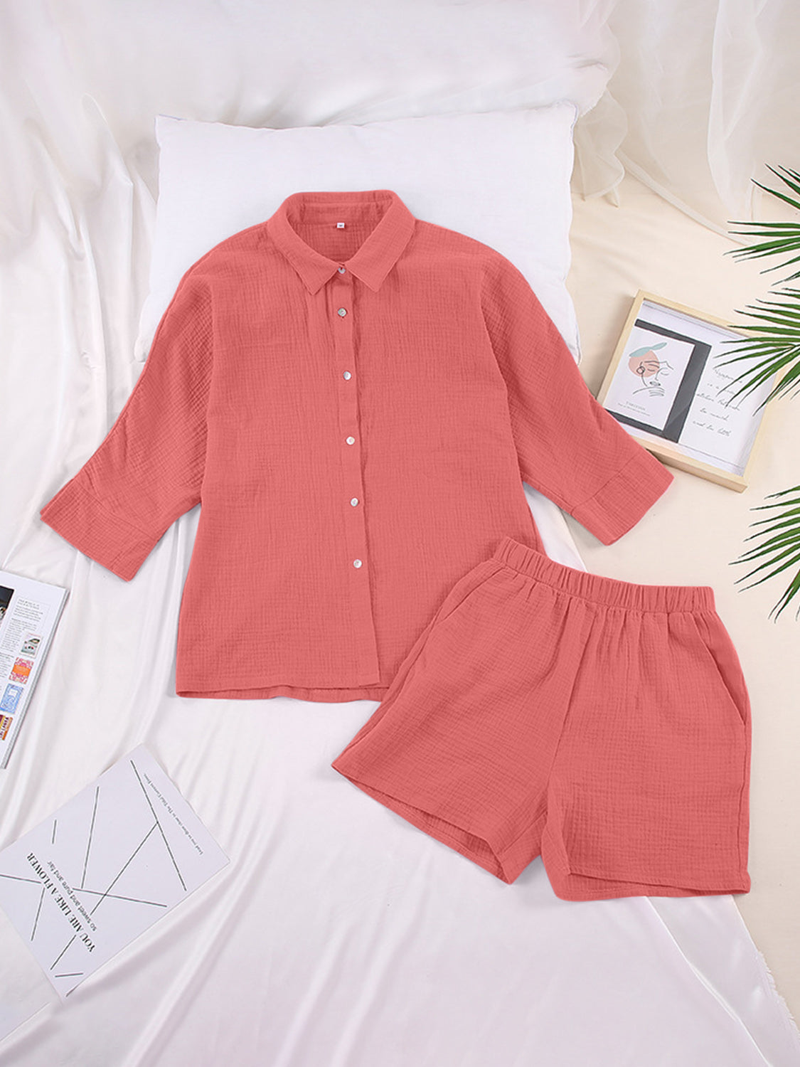 Texture Button Up Resort Shirt and Shorts Set