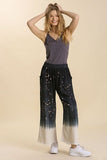 Full Size Raw Hem Linen Blend Bleach Dip Dye Boho Wide Leg Pants