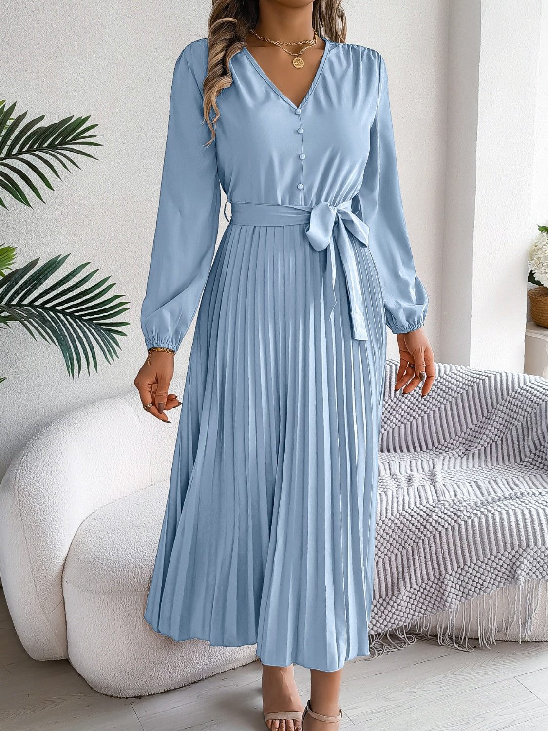 Pleated Tied V-Neck Long Sleeve Midi Dress