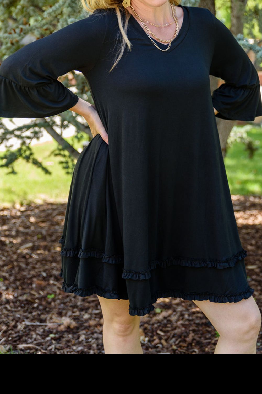 Plus Size Frill Trim Flounce Sleeve Black Mini Dress