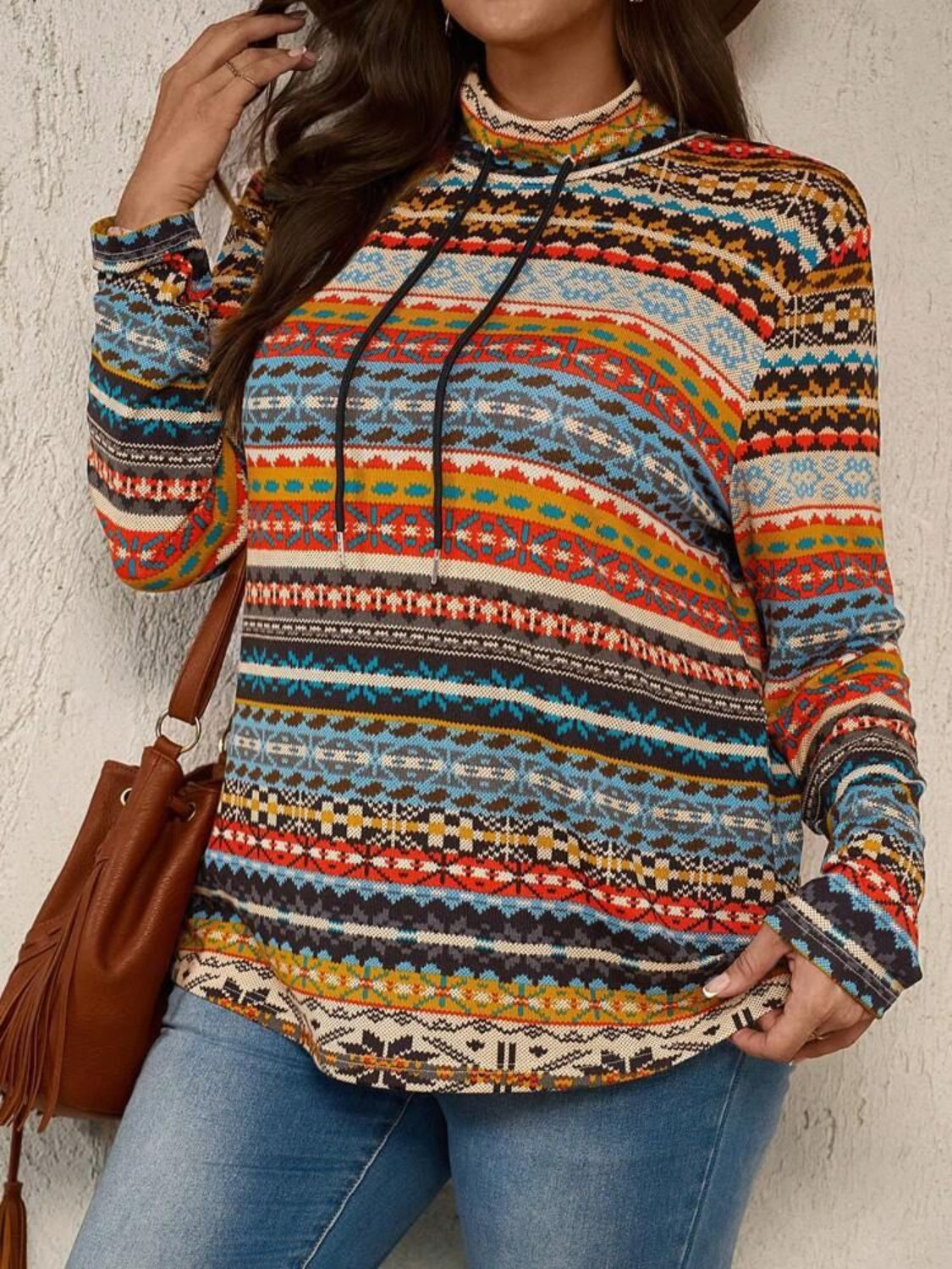 Plus Size Drawstring Long Sleeve Boho Top