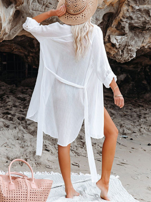 Button Up Roll-Tab Sleeve Long Beach Cover-Up