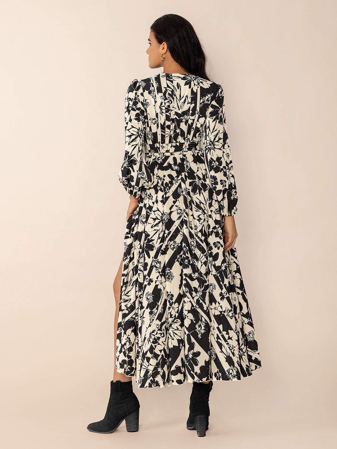 Printed V-Neck Long Sleeve Midi Dress