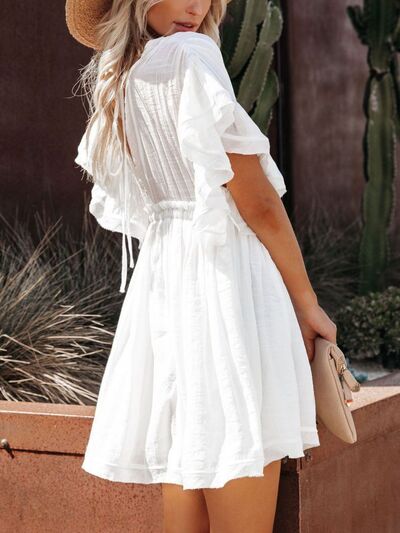 Drawstring Ruffled Half Sleeve Mini Boho Dress