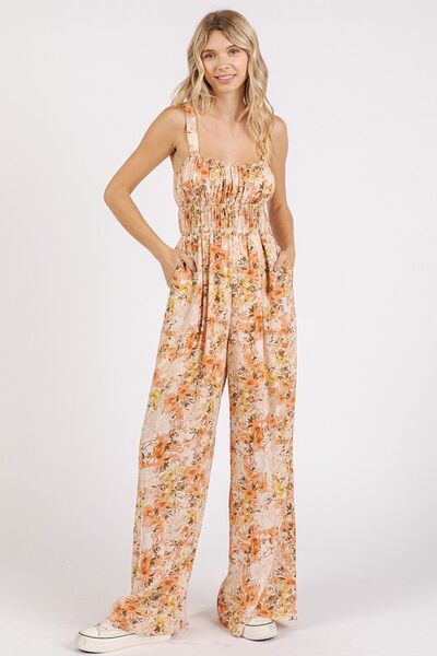 Flower Print Gathered Bust Sleeveless Jumpsuit