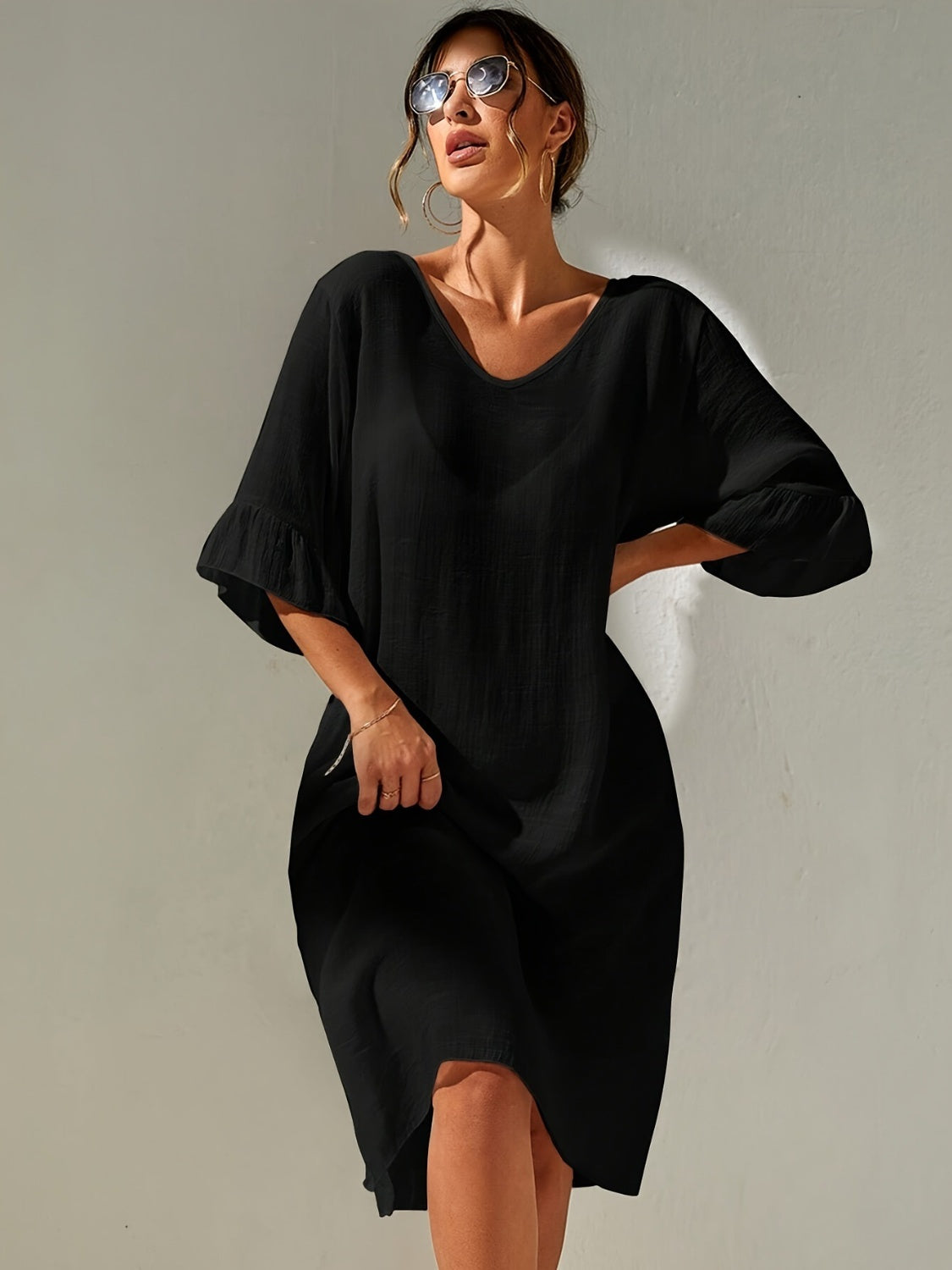 Slit V-Neck Flounce Sleeve Beach Cover-Up