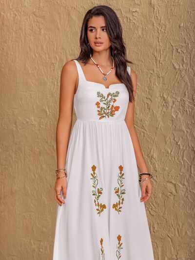 Floral Embroidered White Sleeveless Beach Maxi Dress