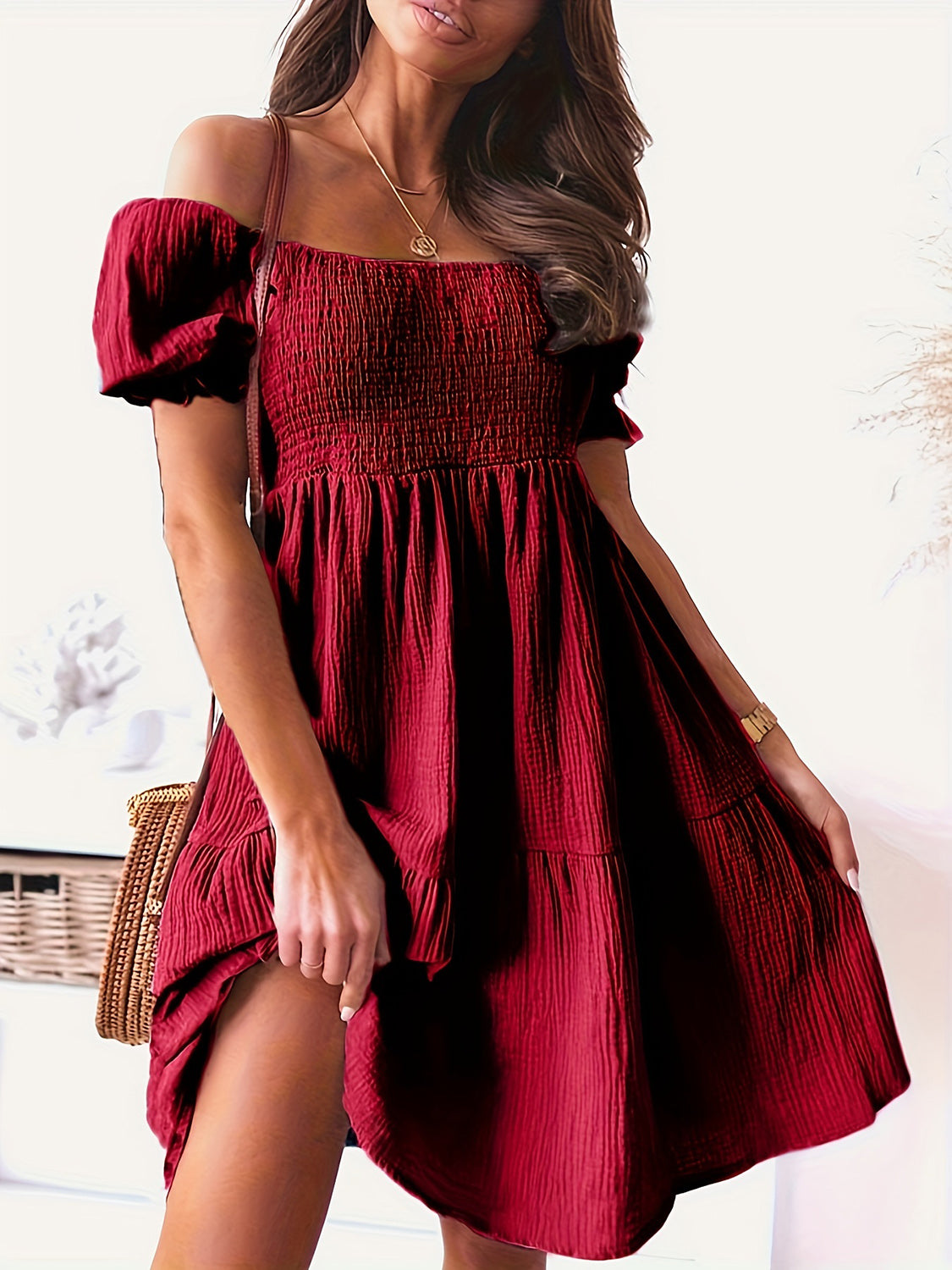 Full Size Ruffled Off-Shoulder Short Sleeve Beach Dress