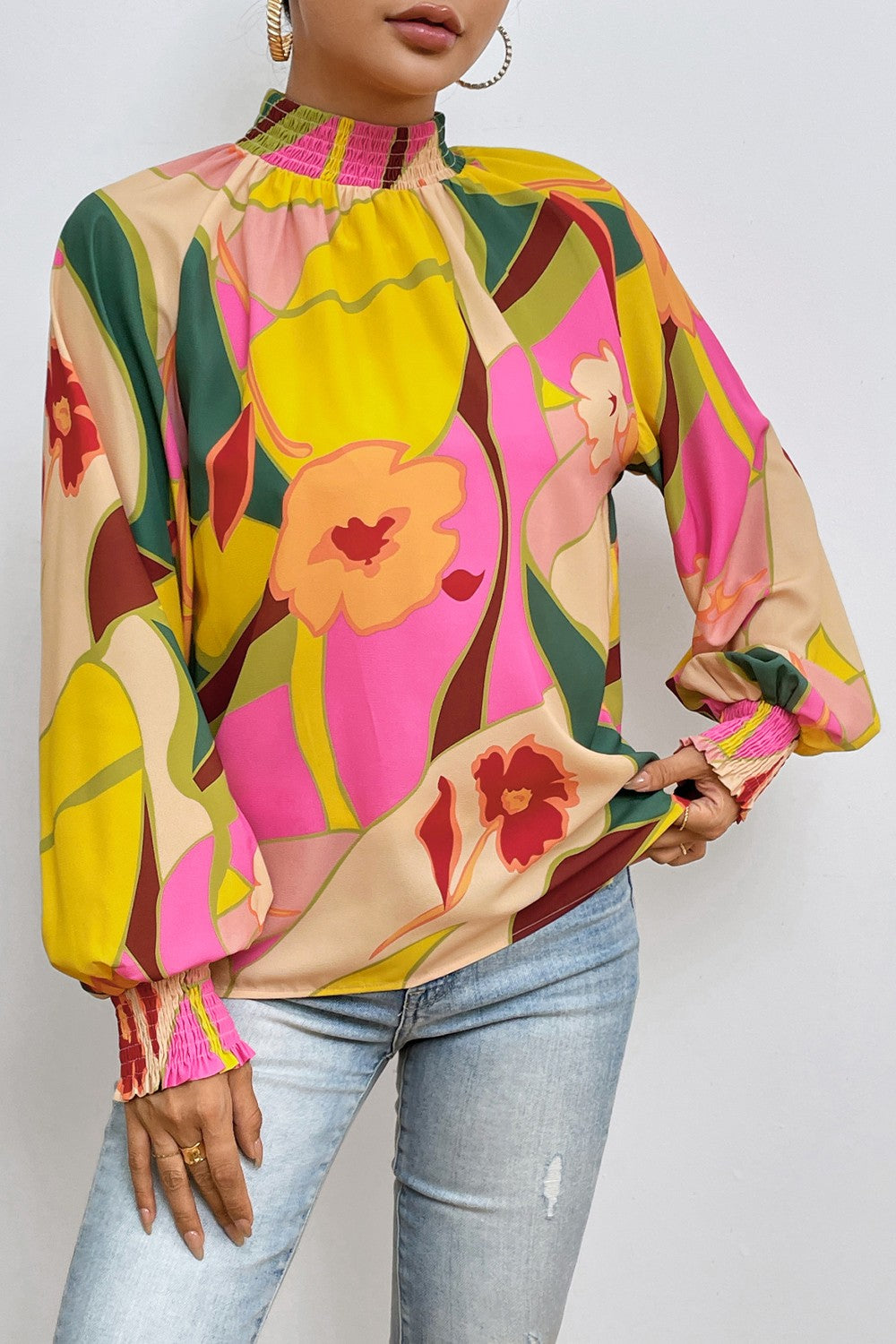 Floral Lantern Sleeve Mock Neck Resort Blouse