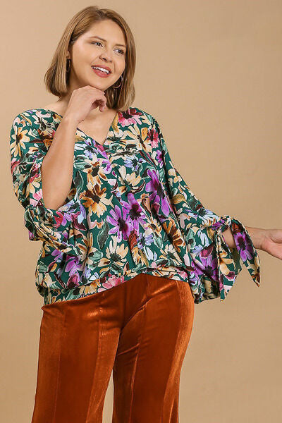 Full Size Floral V-Neck Tie Sleeve Baggy Blouse