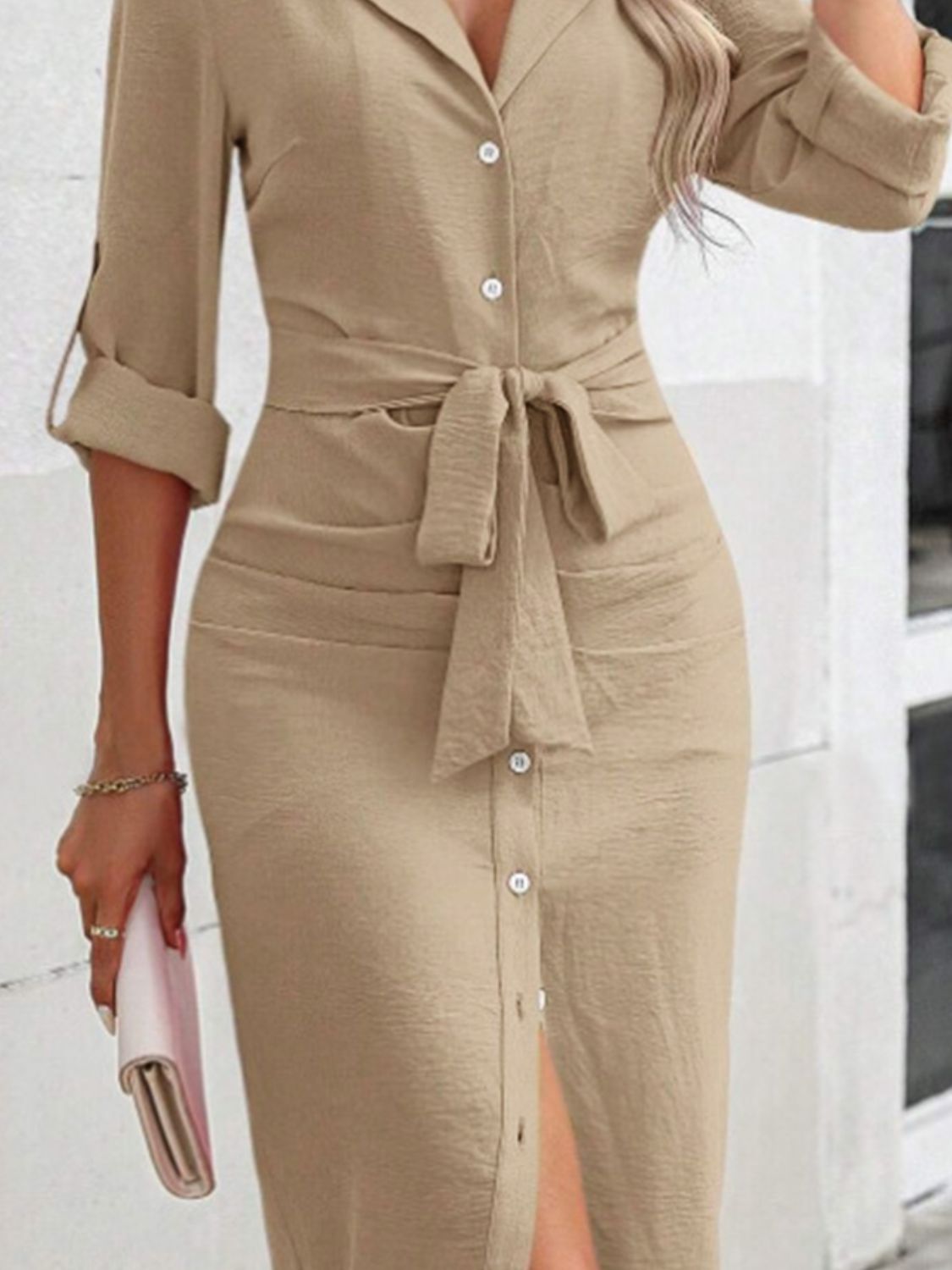 Collared Neck Roll-Tab Sleeve Dress