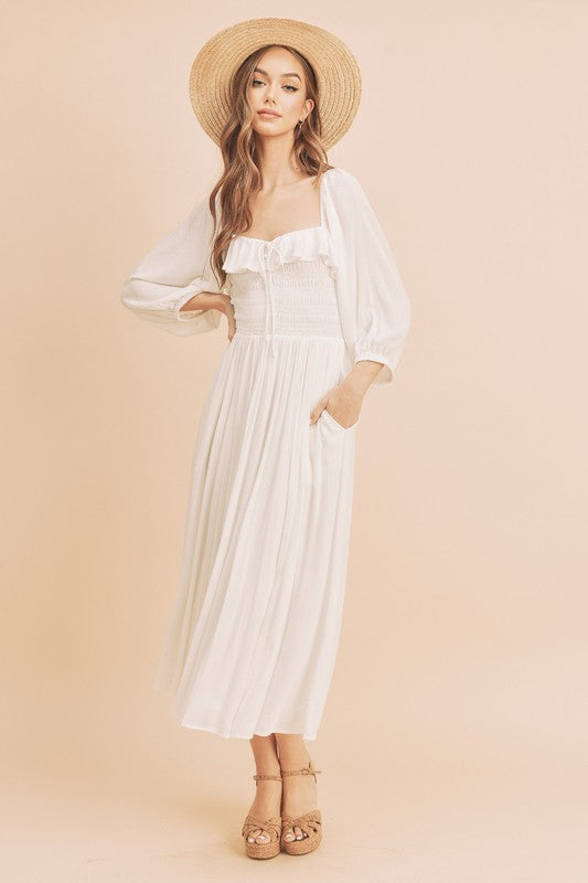 White Ruffled Balloon Sleeve Midi Resort Dress