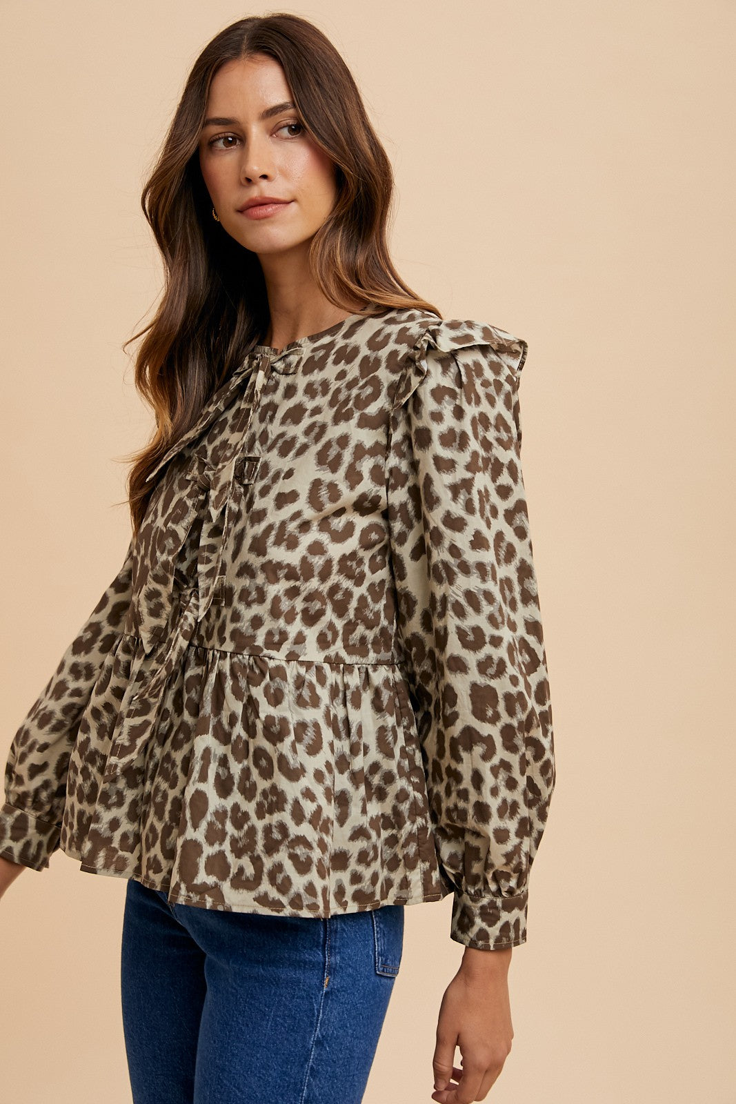 Tied Leopard Round Neck Peplum Resort Blouse