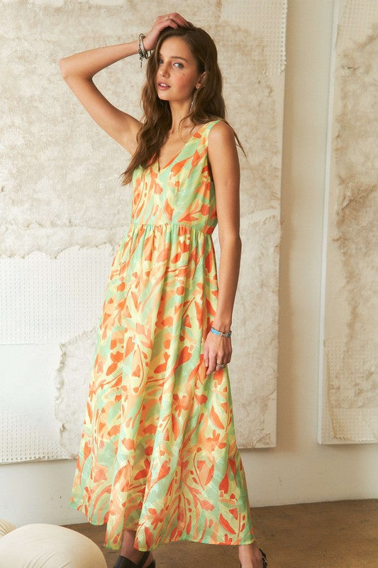 Abstract Floral V-Neck Summer Maxi Dress