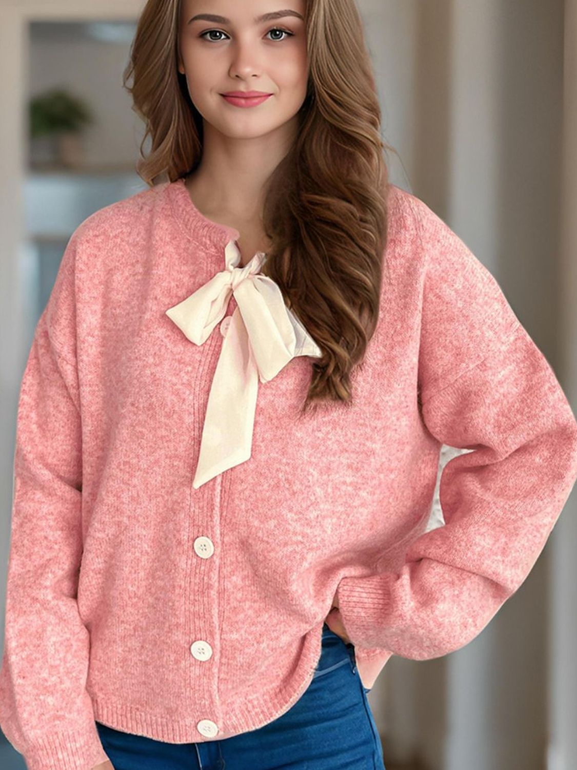 Cute Bow Tie Long Sleeve Cardigan