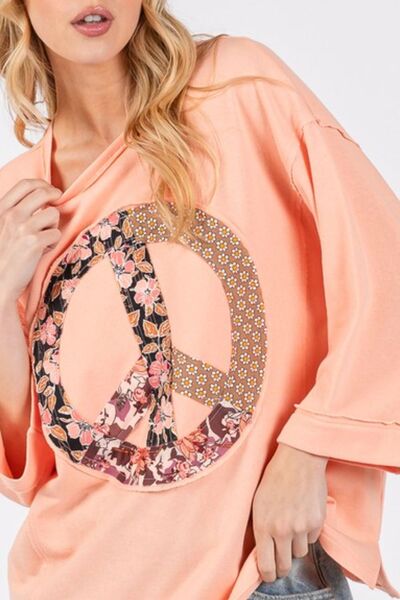 Boho Beachy Floral Peace Patch Round Neck Top